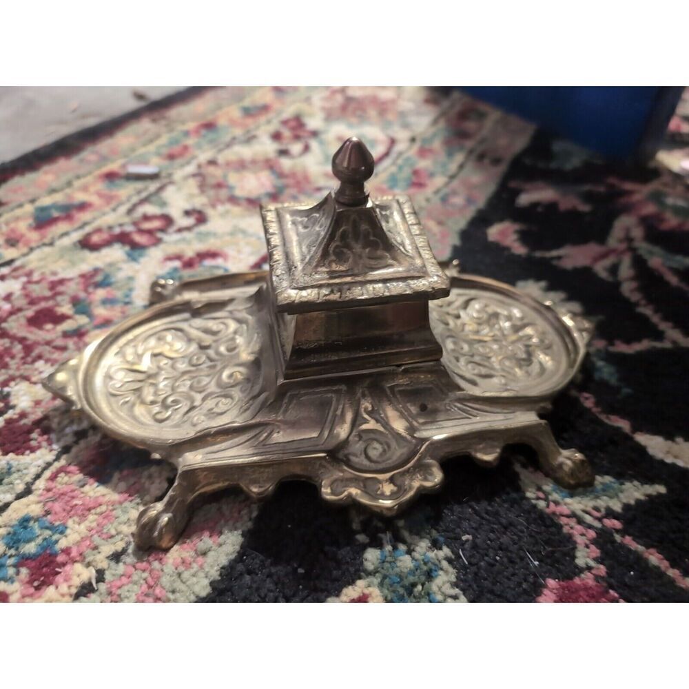 Vintage Ornate Solid Brass Ink Well Made In Japan